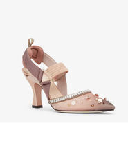 Pink mesh and crystals high-heeled sling backs
