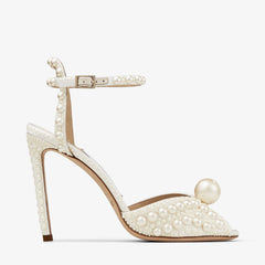 White Satin Sandals with All Over Pearls