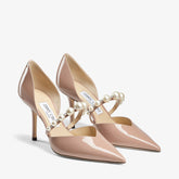 Pink Patent Leather Pointed Pumps with Pearl Embellishment