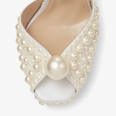 White Satin Platform Sandals with All-Over Pearl Embellishment