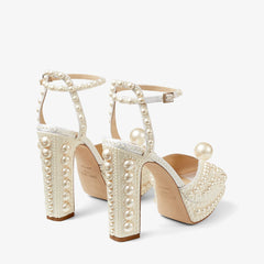 White Satin Platform Sandals with All-Over Pearl Embellishment