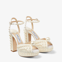 White Satin Platform Sandals with All-Over Pearl Embellishment
