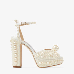 White Satin Platform Sandals with All-Over Pearl Embellishment