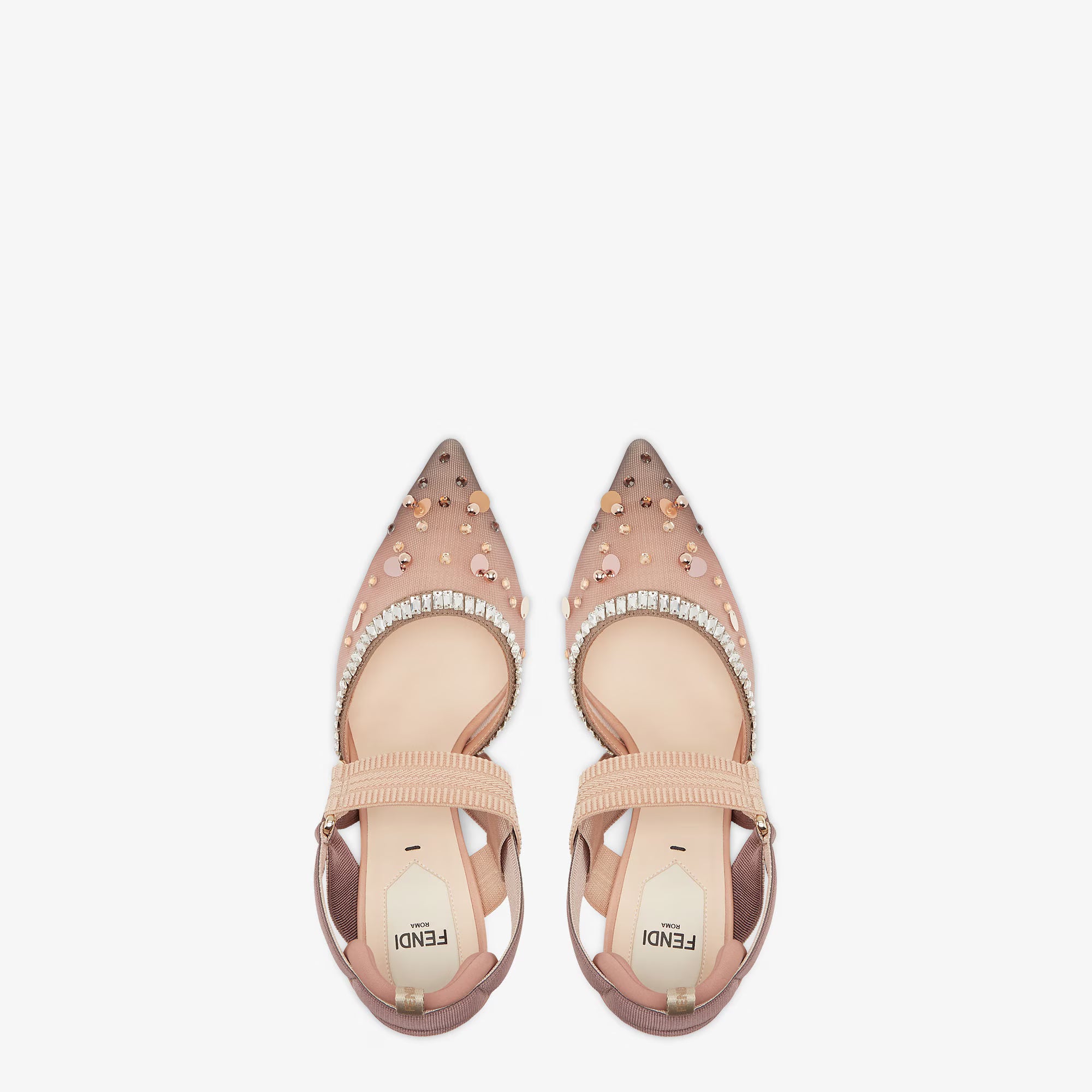 Pink mesh and crystals high-heeled sling backs