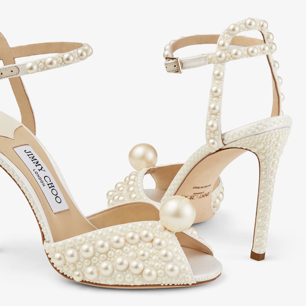 White Satin Sandals with All Over Pearls