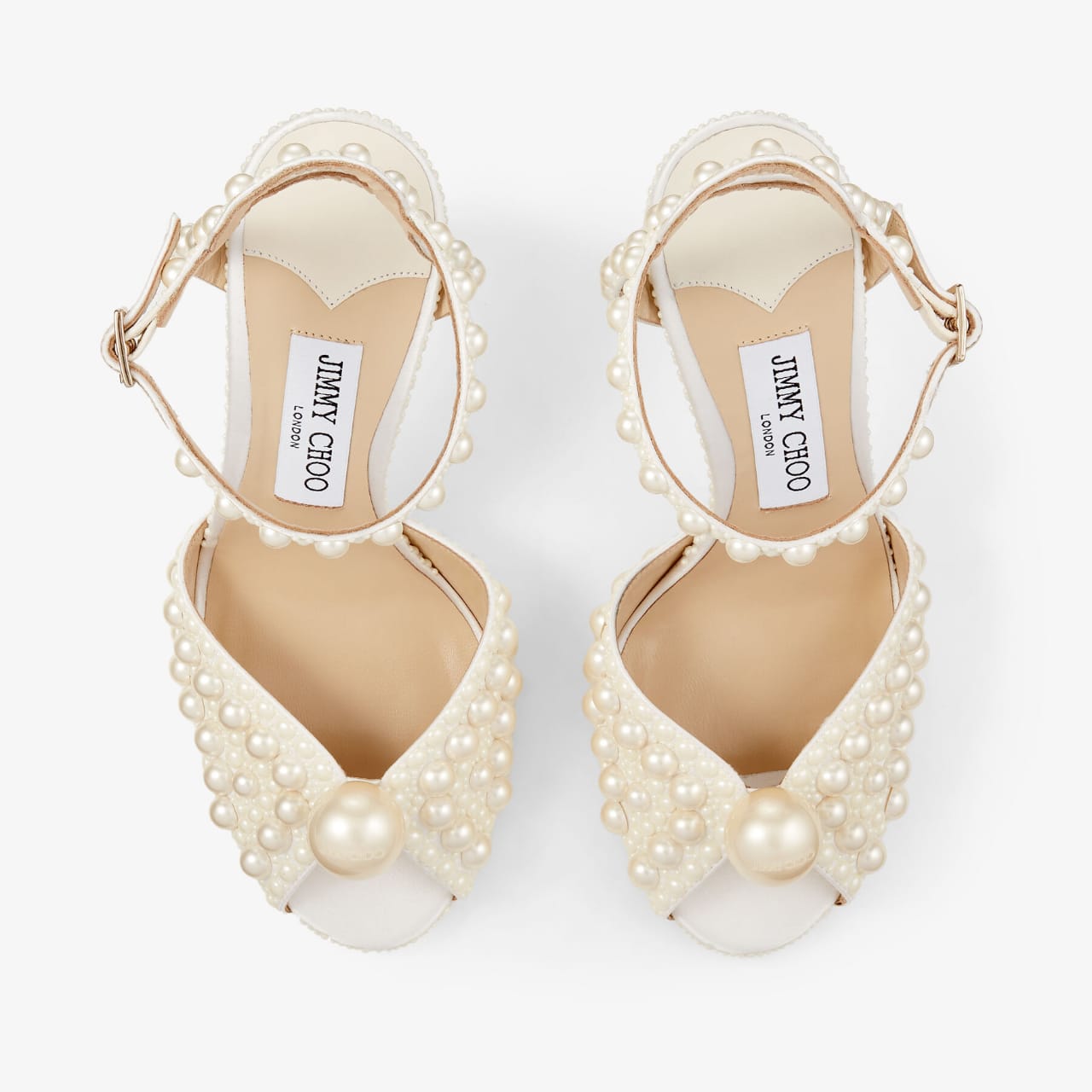 White Satin Sandals with All Over Pearls
