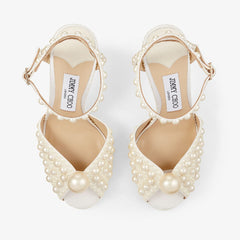 White Satin Sandals with All Over Pearls