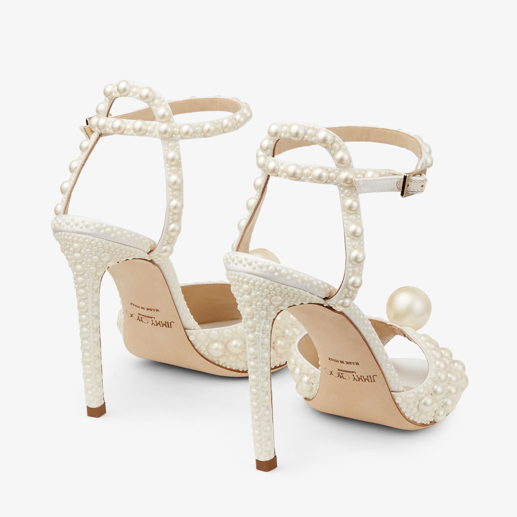 White Satin Sandals with All Over Pearls