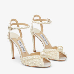 White Satin Sandals with All Over Pearls