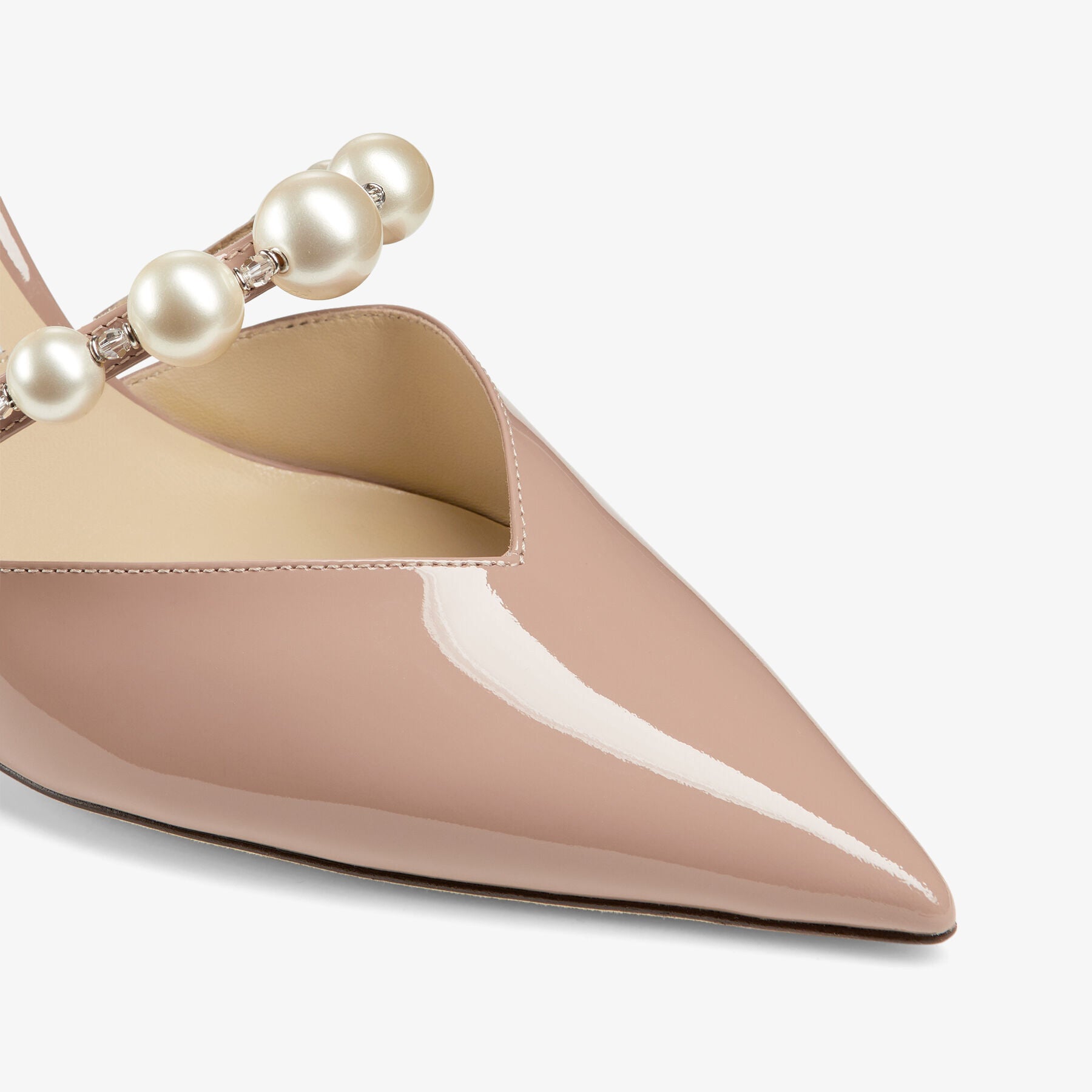 Pink Patent Leather Pointed Pumps with Pearl Embellishment