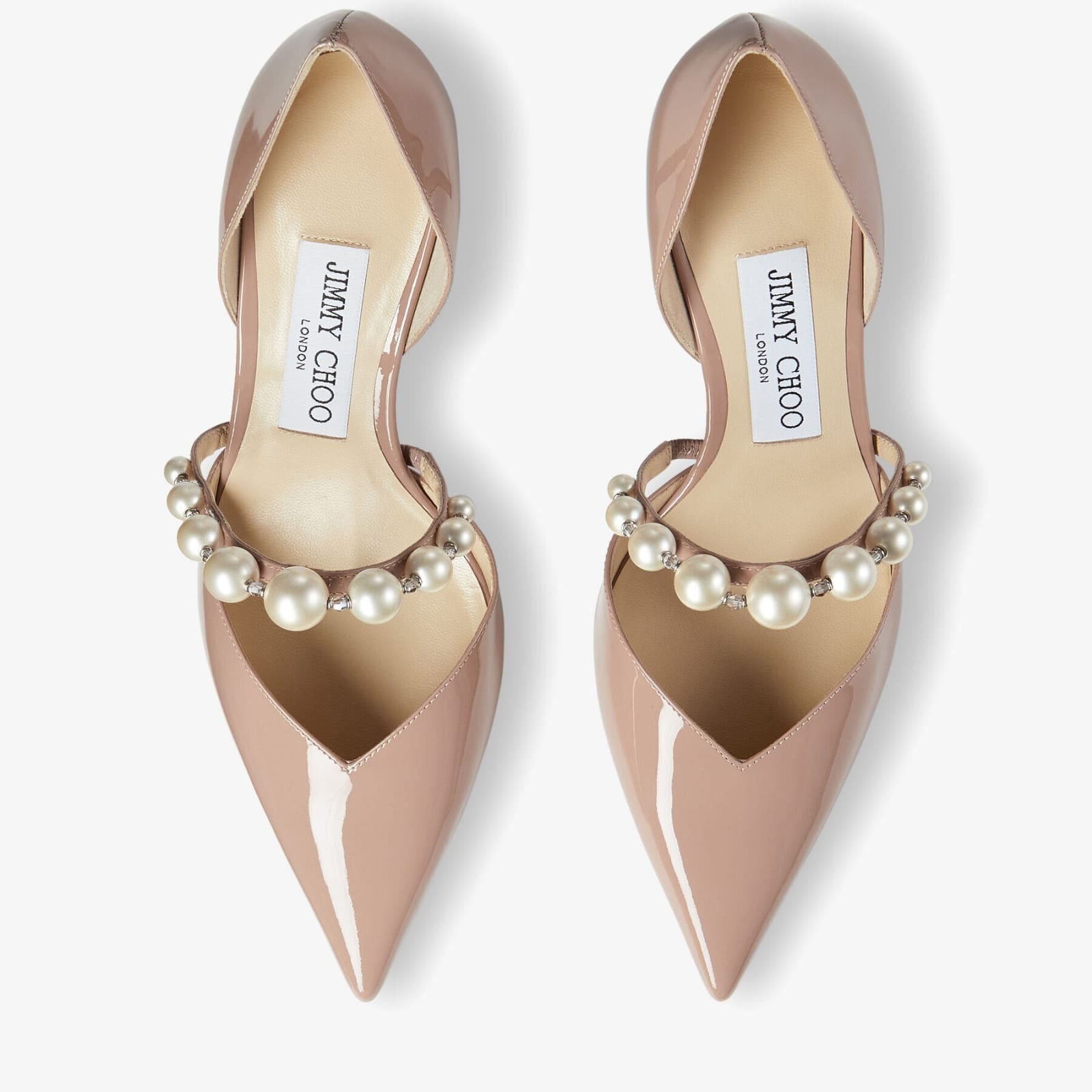 Pink Patent Leather Pointed Pumps with Pearl Embellishment