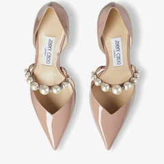 Pink Patent Leather Pointed Pumps with Pearl Embellishment