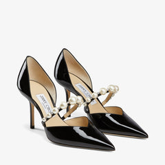 Black Patent Leather Pointed Pumps with Pearl Embellishment