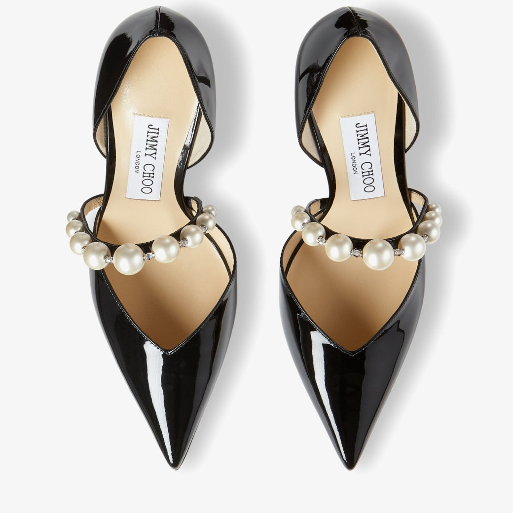 Black Patent Leather Pointed Pumps with Pearl Embellishment