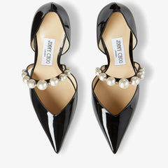Black Patent Leather Pointed Pumps with Pearl Embellishment