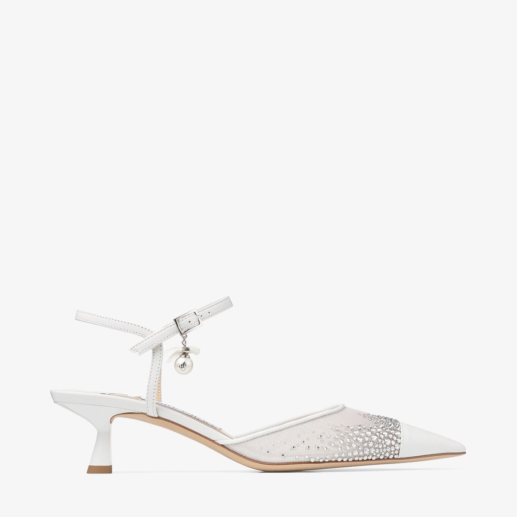 White Crystal Mesh Slingbacks with Pearl Charm