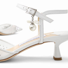 White Crystal Mesh Slingbacks with Pearl Charm