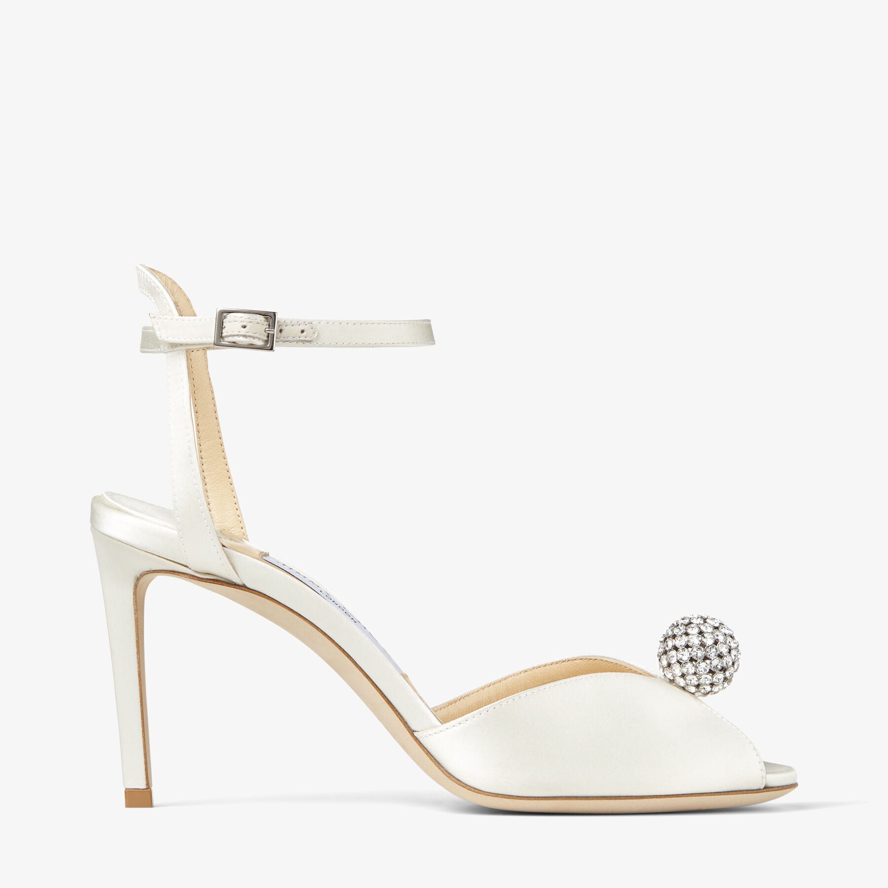 Ivory Satin Sandals with Crystal-Embellished Sphere