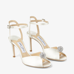 Ivory Satin Sandals with Crystal-Embellished Sphere