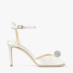 Ivory Satin Sandals with Crystal-Embellished Sphere