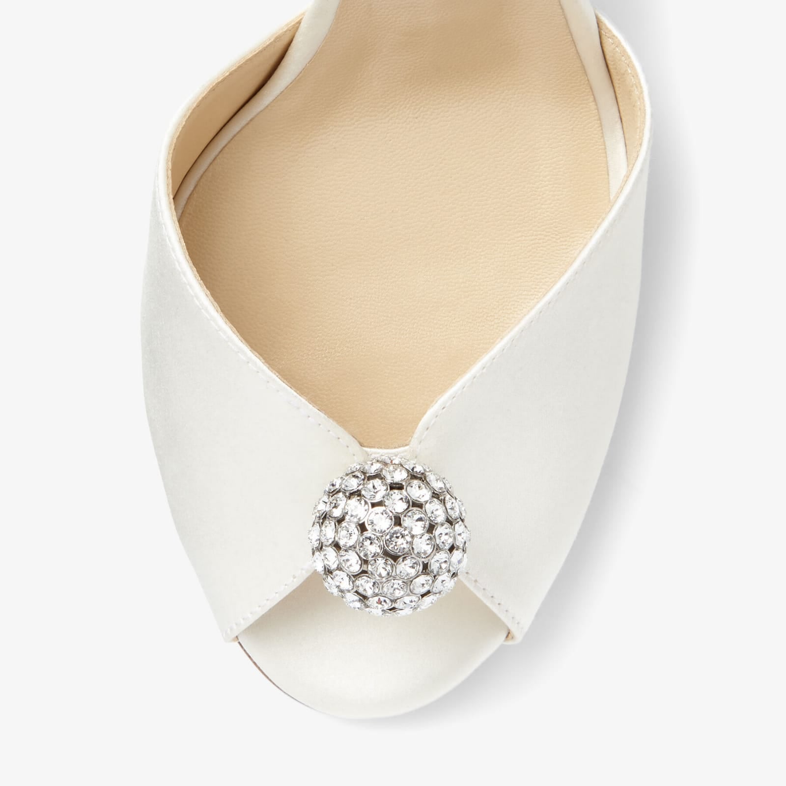 Ivory Satin Sandals with Crystal-Embellished Sphere